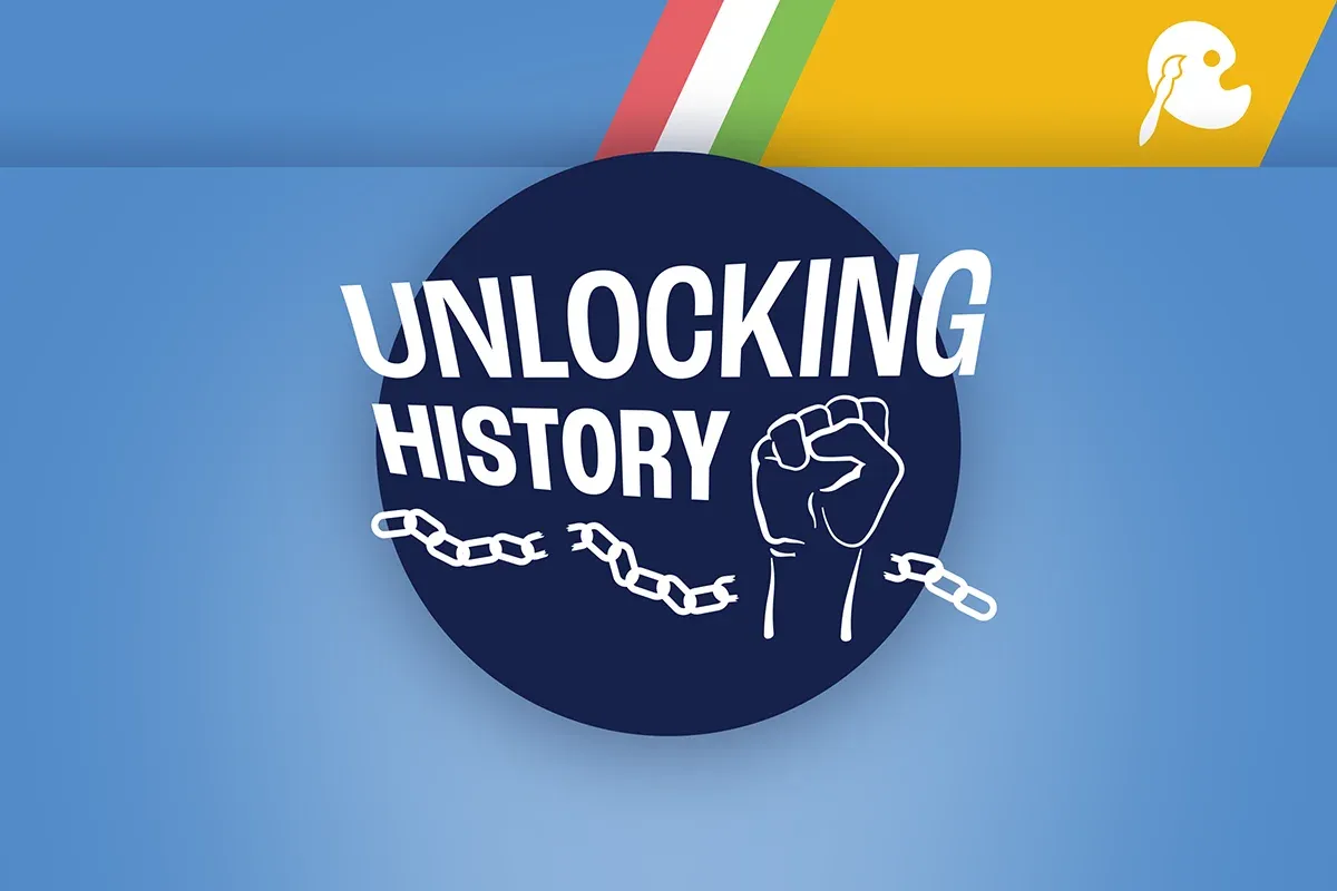 Fist breaking through chains and "Unlocking History" text